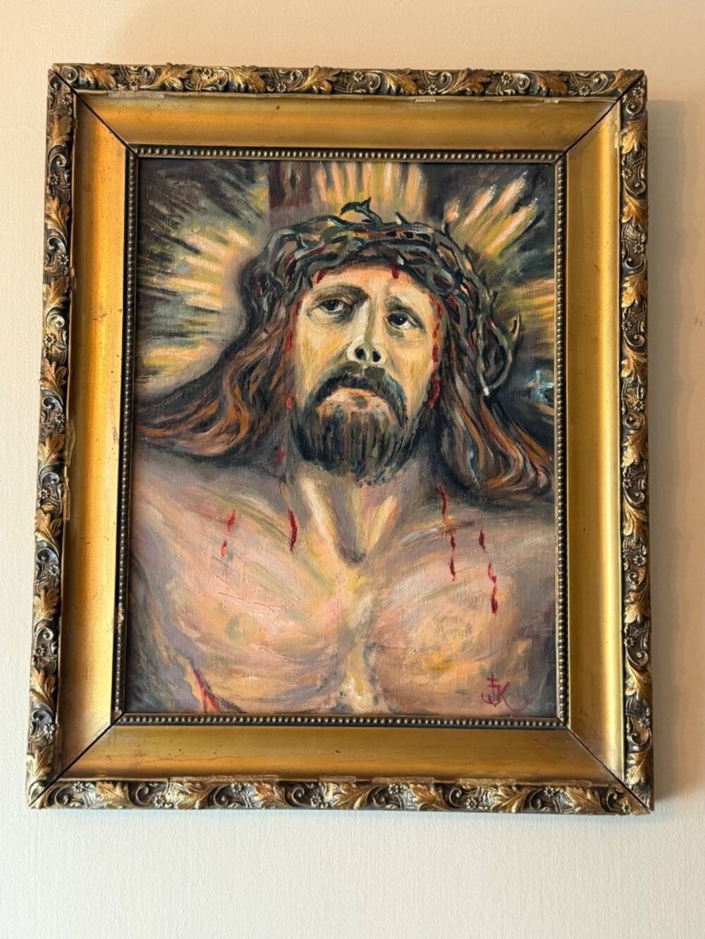 Oil Painting Of Jesus Christ With Crown Of Thorns In Ornate Gold Frame